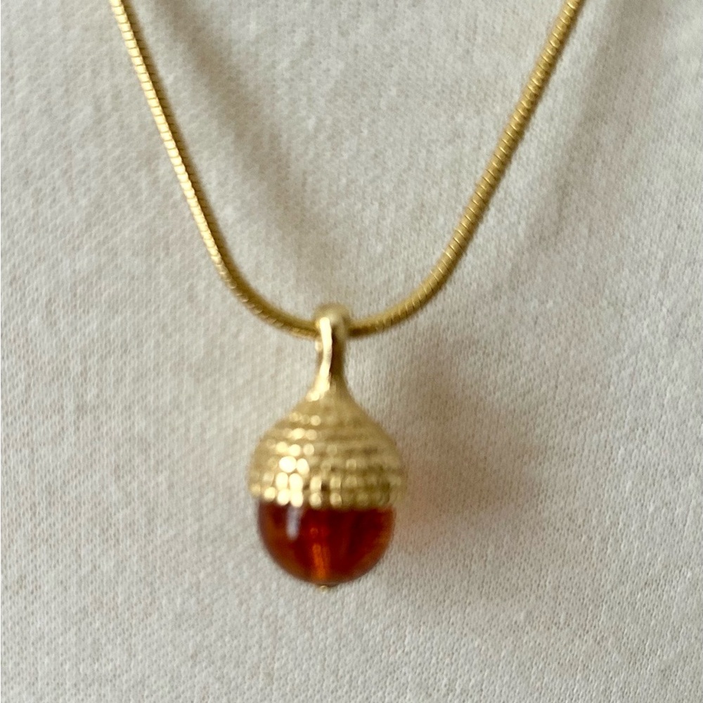 Gold Tone Metal And Acrylic Acorn Pendant Necklace